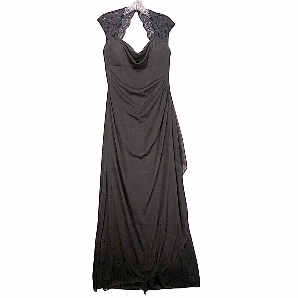 Xscape Black Lace Keyhole Cowl Neck Halter Cap Sleeve Maxi Formal Dress Gown 8